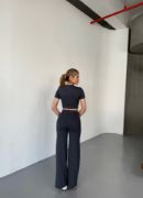 Osy Modal Yumuşak Dokulu Kumaş Kısa Kollu Crop Rahat Pantalon Ikili Takım - Füme resmi